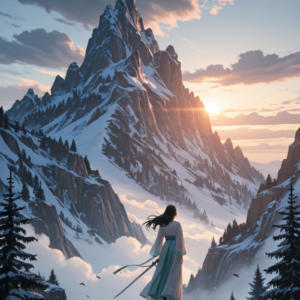Snowy Peak Swordswoman – Fabric Wall Scroll