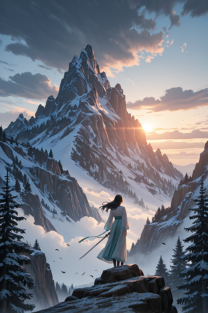 Snowy Peak Swordswoman – Fabric Wall Scroll