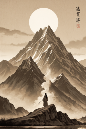 Sepia Ink Mountain and Full Moon – Fabric Wall Scroll