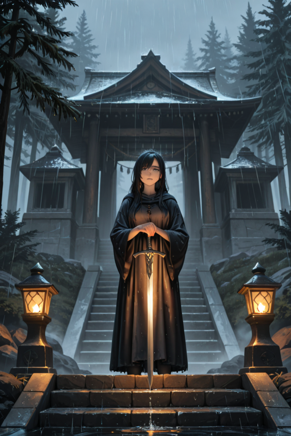 Rainy Temple Guardian – Fabric Wall Scroll