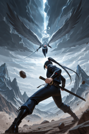 Winged Warrior Storm Battle – Fabric Wall Scroll
